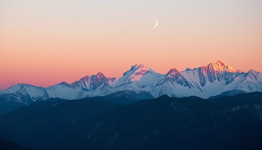 Twilight mountain landscape with crescent moon, Taurus New Moon.