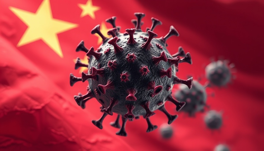 Virus particles overlaid on red Chinese flag, Wuhan lab leak COVID-19 admission.