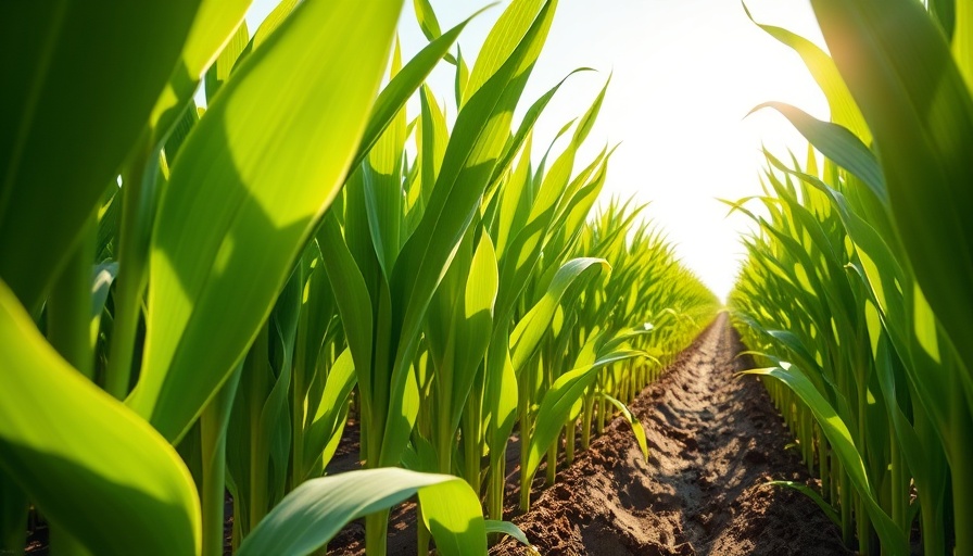 Lush green corn plants in field under bright sunlight, GMO biologicals market implications.