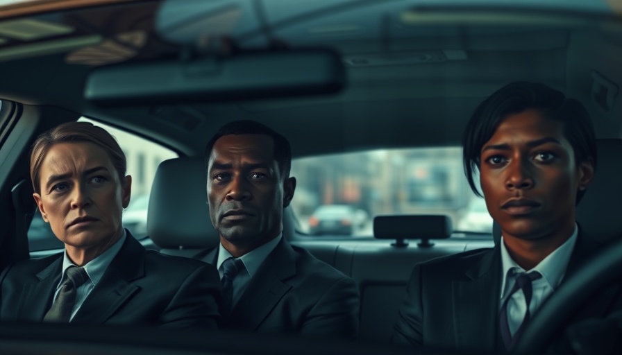 Professionals in a car behind tinted windows, tech acquisition theme.