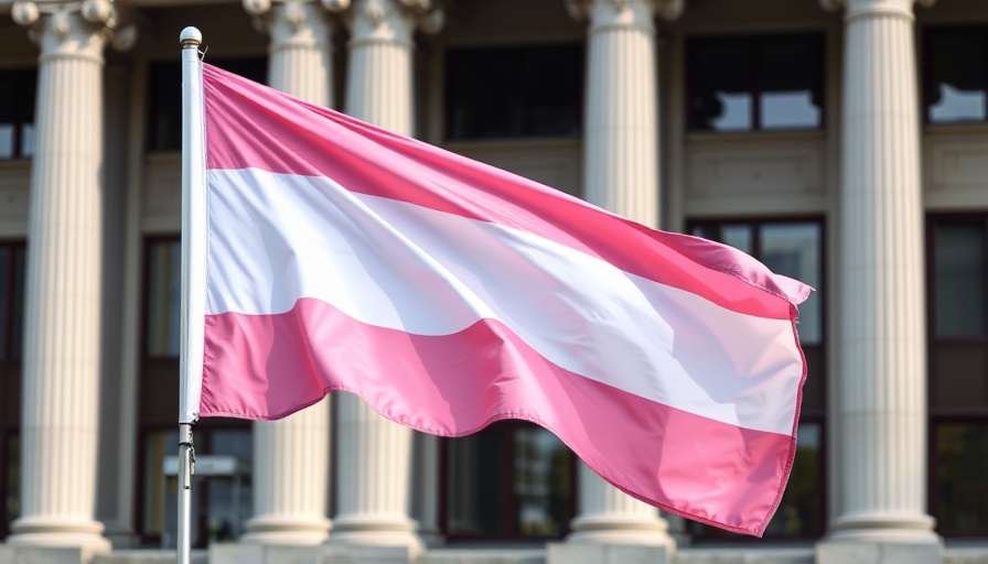 Transgender pride flag waving in front of a classical building, representing gender diversity.