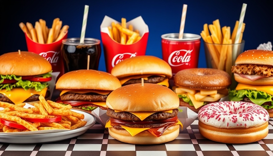 Fast food assortment on checkered table with dark blue background.