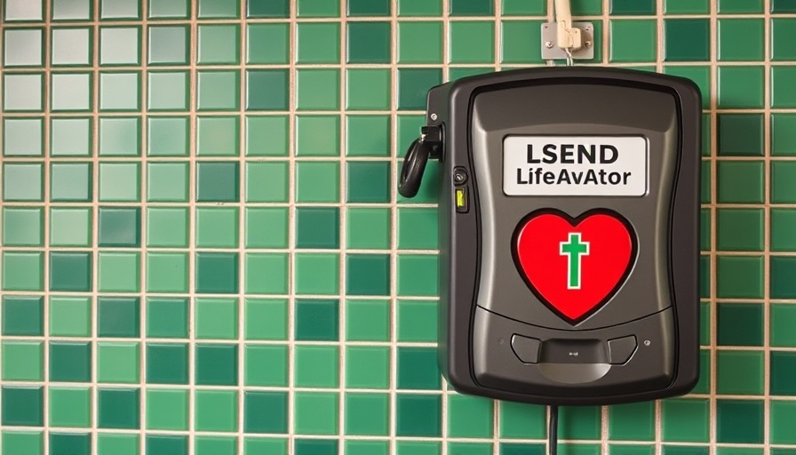 AED unit on tiled wall emphasizing bystander training importance.