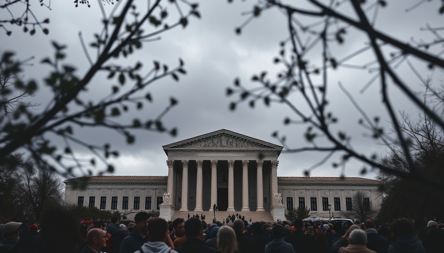 Supreme Court building framed by trees, crowd in foreground.
