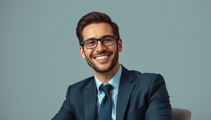Confident businessman in suit smiling, promoting customer-balanced compensation model.