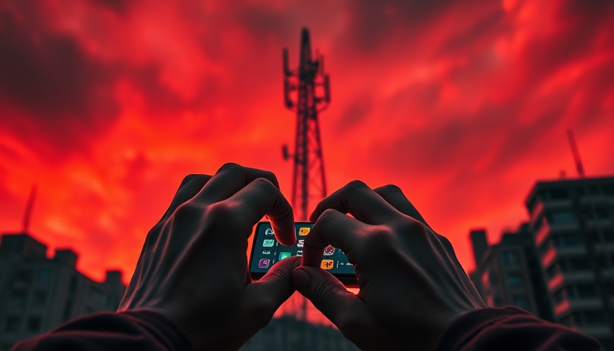 Cellphone radiation linked to cancer illustration with a red background and cell tower.