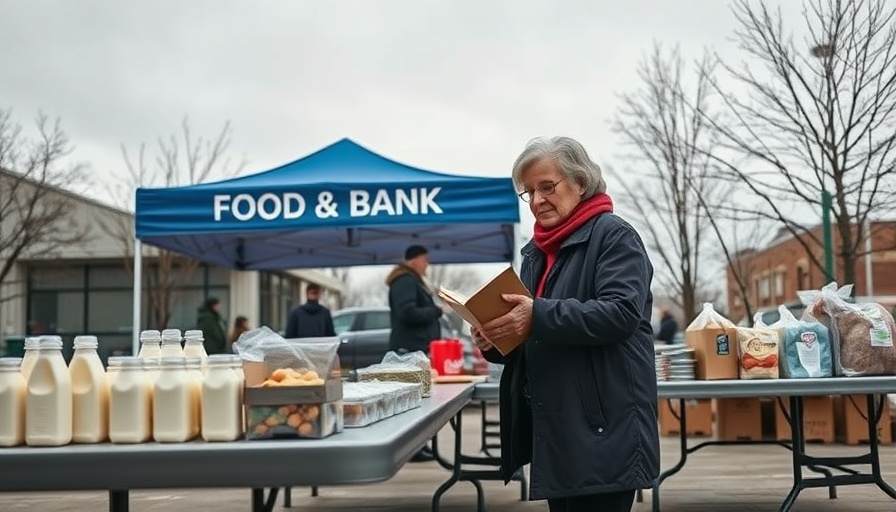 Community food bank distribution under overcast sky, highlighting federal cuts impact.