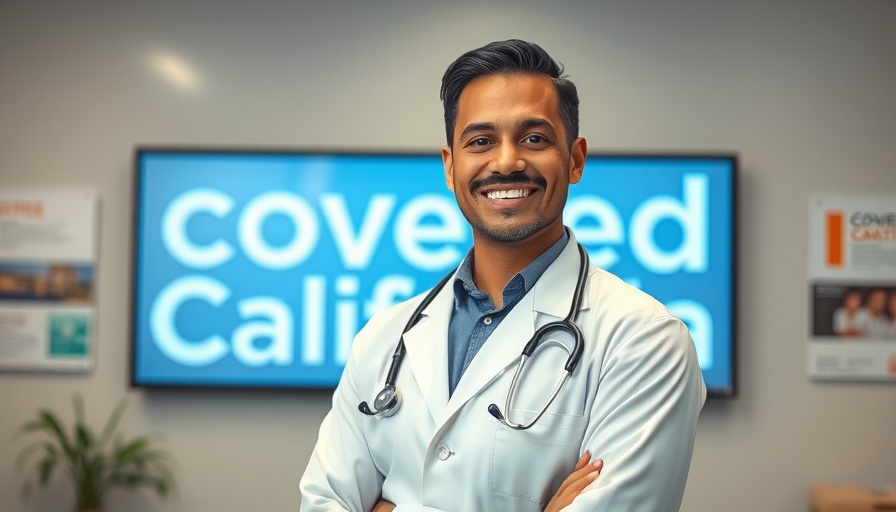 Healthcare professional in front of Covered California logo.
