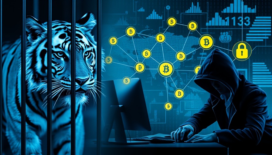 Organized crime in cryptocurrency illustration with tiger and network.