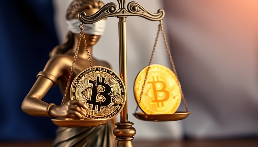 Justice statue holding Bitcoin scales in front of French flag.