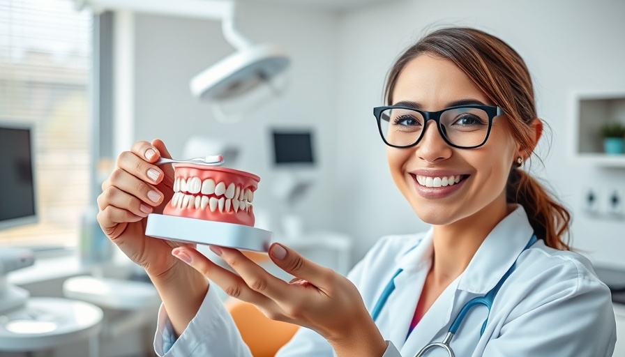 Dentist demonstrating dental hygiene with model teeth, related to Mercury in Dental Fillings.
