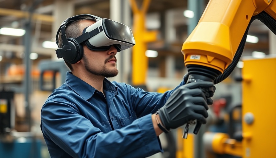Industrial metaverse in manufacturing: worker using VR headset with robotic arm.