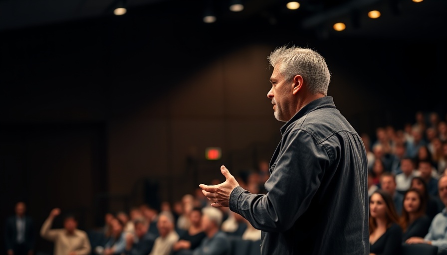 Speaker addressing audience in warm lit auditorium, cinematic photo.