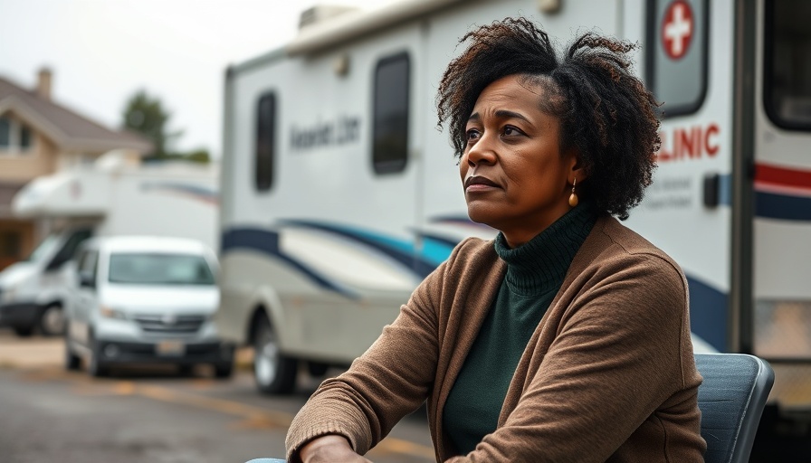 HIV Testing and Outreach Cuts: Woman outside mobile clinic on a cloudy day.
