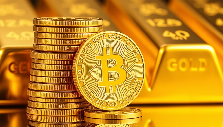 Bitcoin coins and gold bars symbolizing value rise amid tensions.