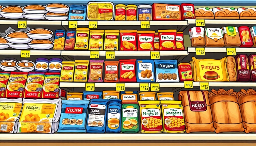 Colorful cartoon grocery shelves depict FDA risky chemicals food supply.