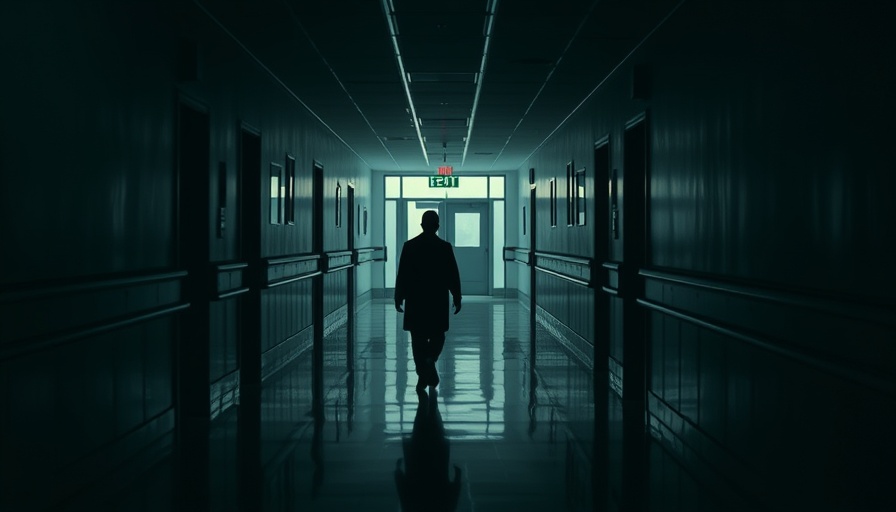 Dimly lit hospital corridor; shadows reflect NewYork-Presbyterian layoffs atmosphere.