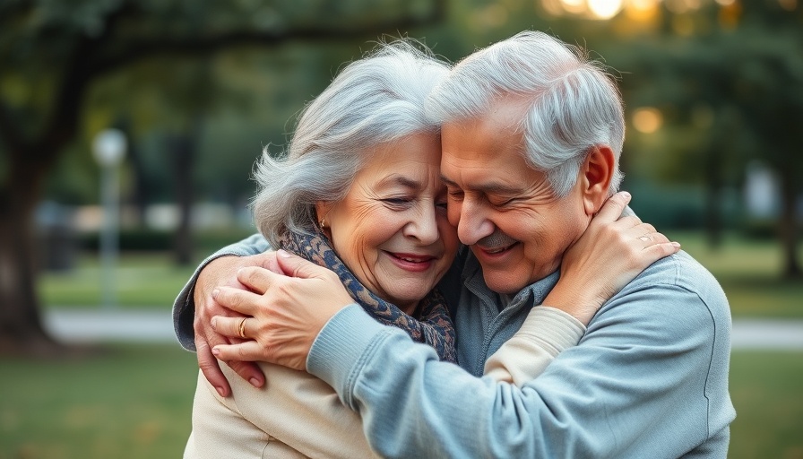 Affectionate older couple embracing tenderly, online dating for singles 50+.