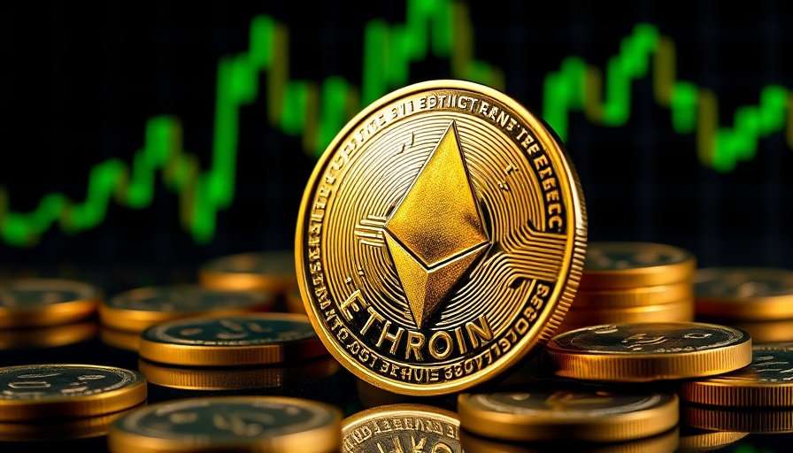 Ethereum coin signaling explosive gains against green stock market graph.