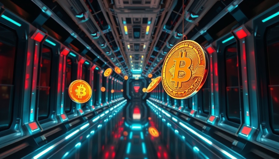 Futuristic crypto coins in a metallic tech corridor, Ruvi AI investment potential.