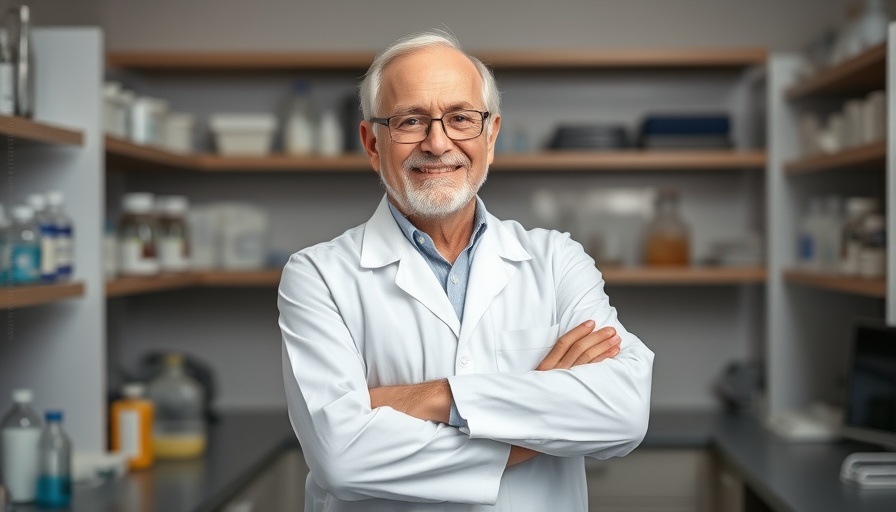 Elderly man smiling in laboratory, confidence in chronic inflammation research.