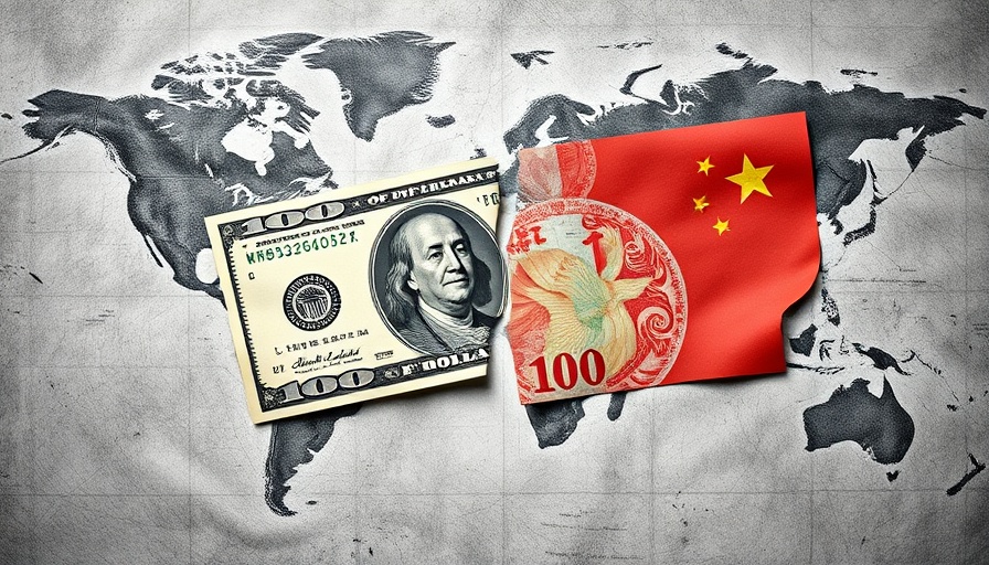US dollar and Chinese yuan torn image on world map background.