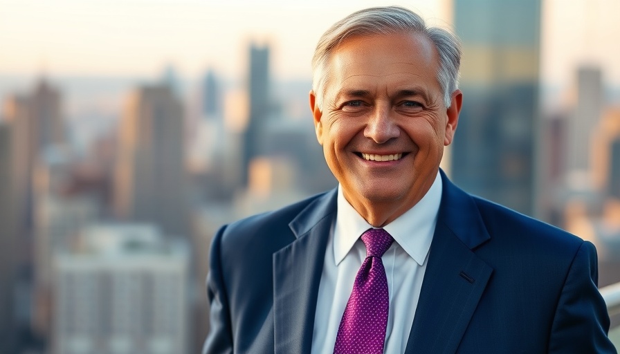 Smiling man in a blue suit with a purple tie against a cityscape background.