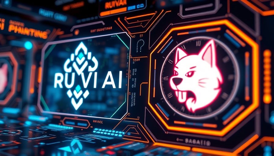 Ruvi AI vs Dogecoin in a futuristic tech environment, advanced graphics.