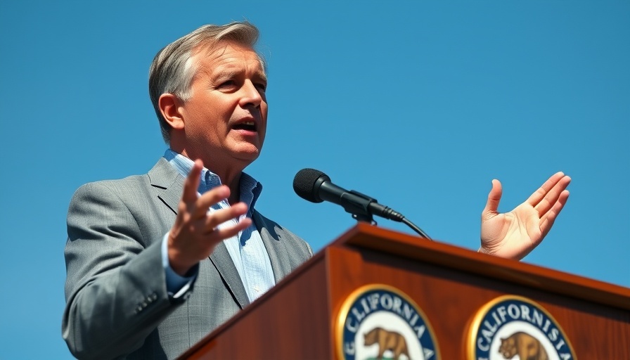 Confident speaker gesturing at a podium with California state seal, clear sky.