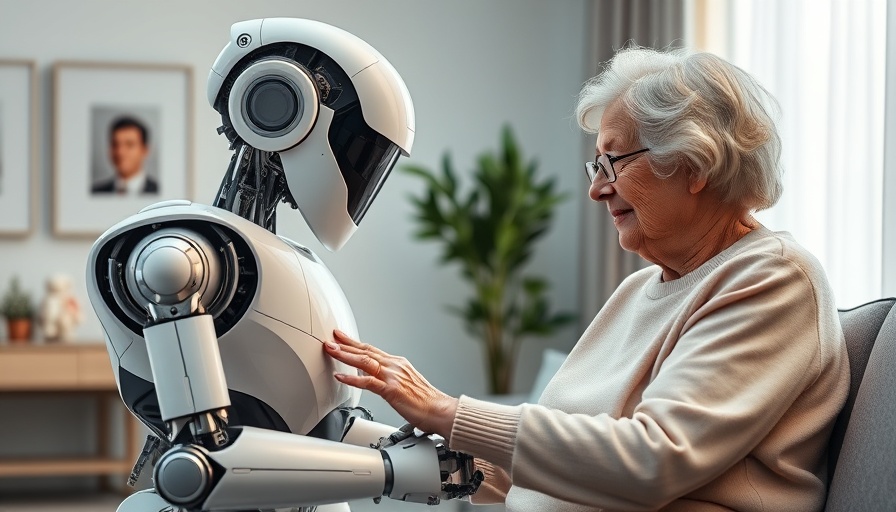 Futuristic robot assisting elderly woman in modern apartment.