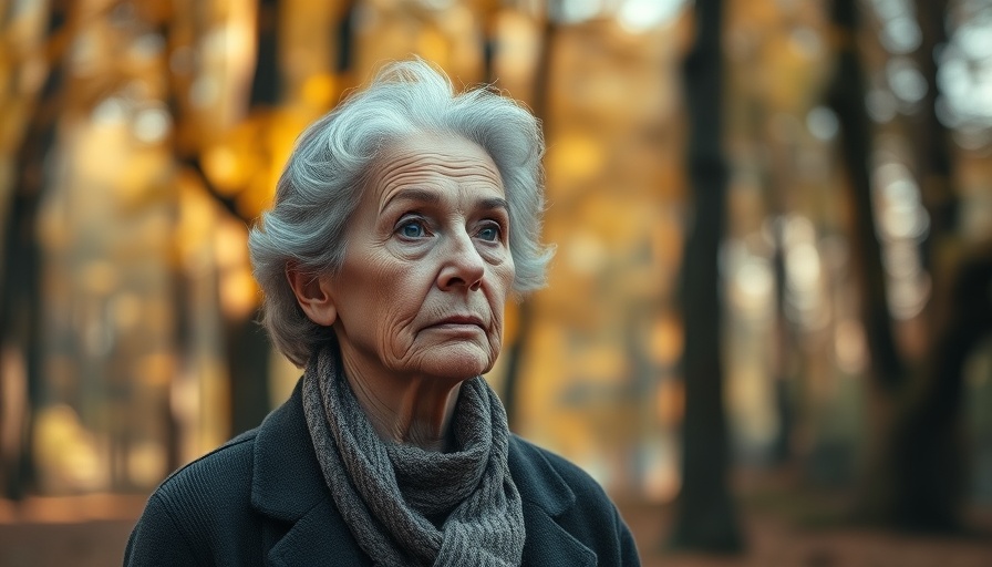 Thoughtful elderly woman in forest, highlighting telehealth blackouts.