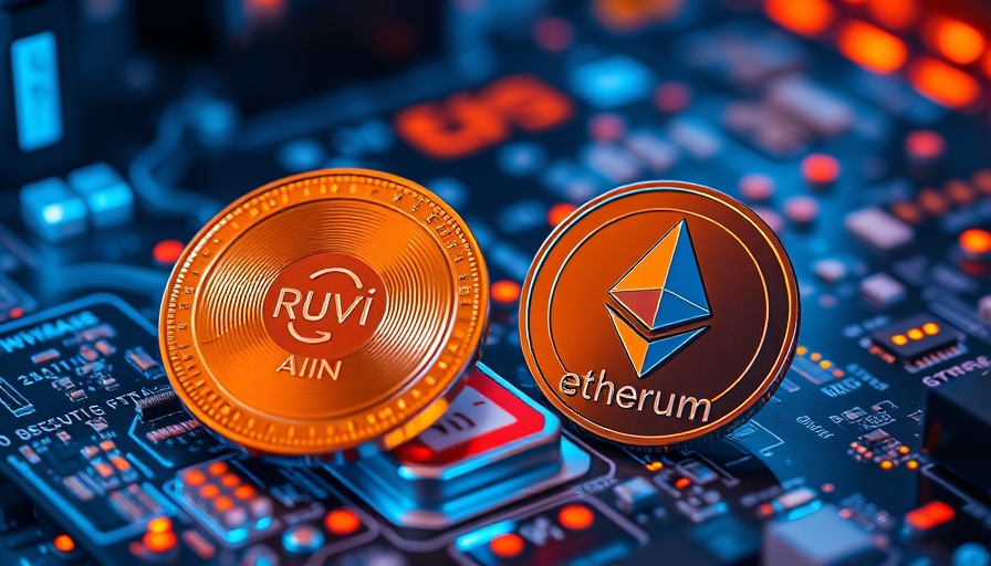 Ethereum and Ruvi AI digital coins over a tech circuit board.