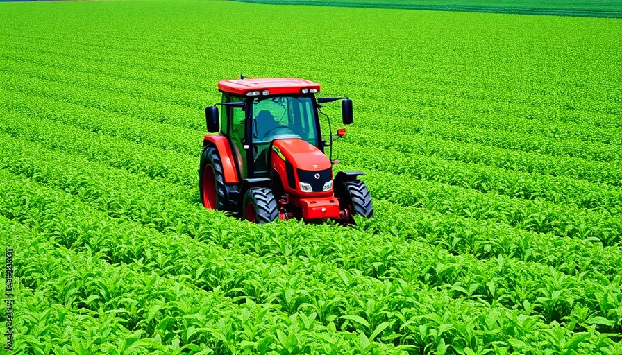 Modern tractor in a lush green field illustrating organic regenerative agriculture.
