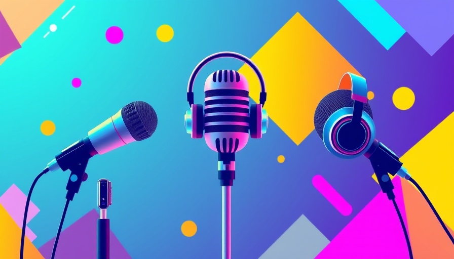 Vibrant podcast art with microphones and headphones, audio theme.