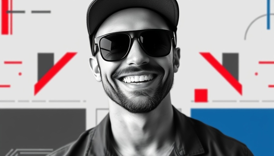 Monochrome image of a smiling man with sunglasses and cap, AI ethics and oversight theme.
