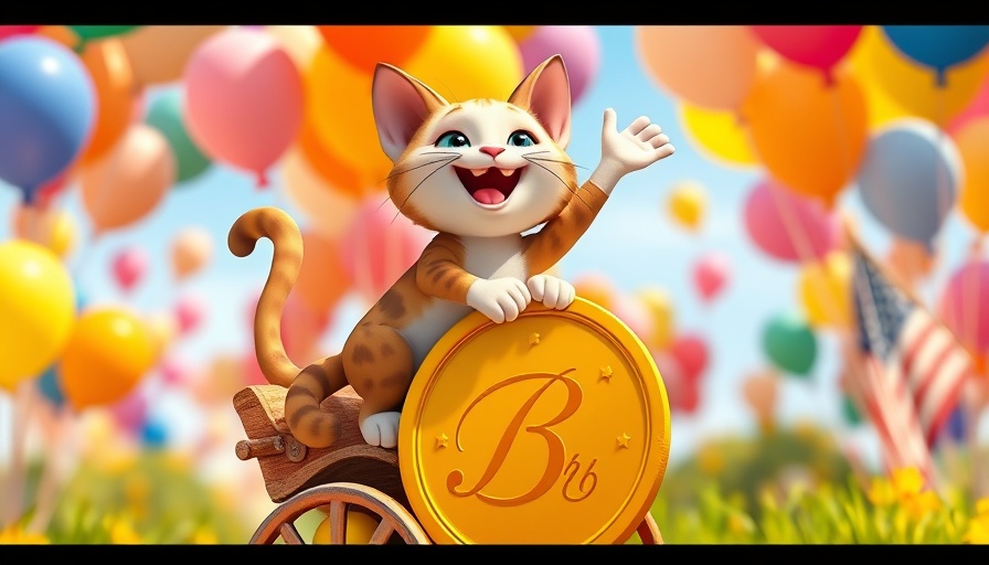 Cartoon cat on a golden coin cart in a colorful sky with meme coins.