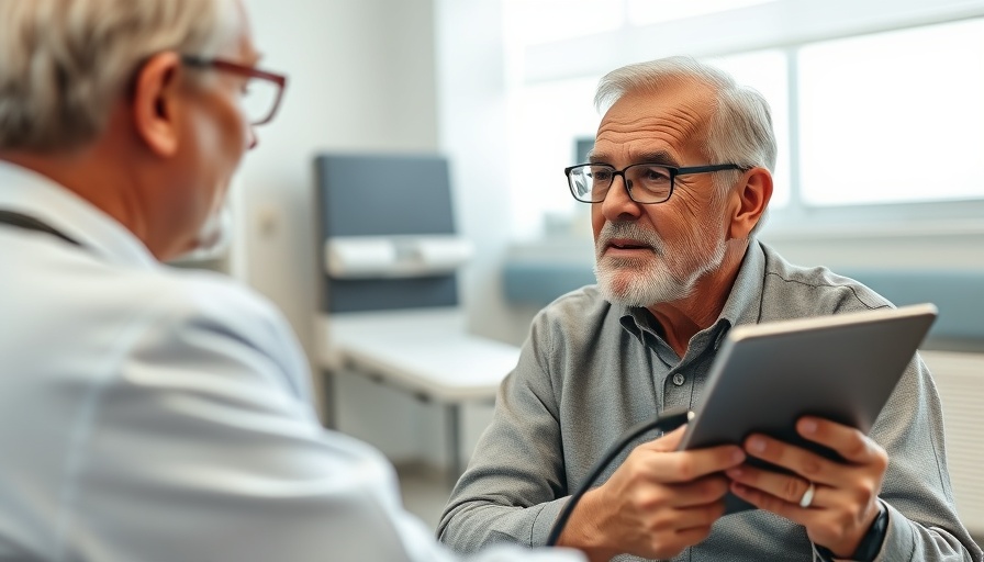 Older man in medical exam room, doctor with tablet, Medicare Advantage kickbacks.