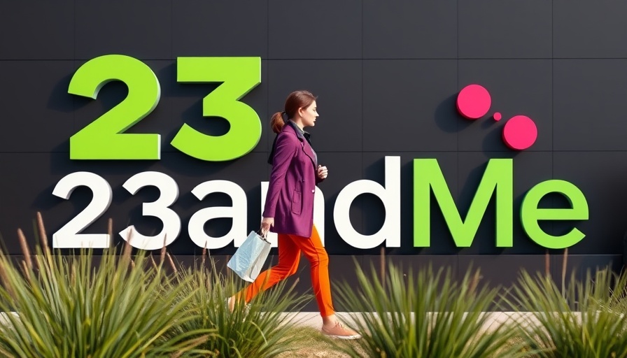 Regeneron acquires 23andMe logo with passerby in outdoor setting.
