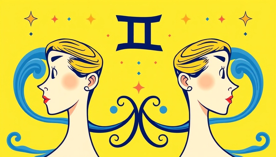 Gemini Season Insights: stylized illustration of twins with zodiac symbol on yellow background.