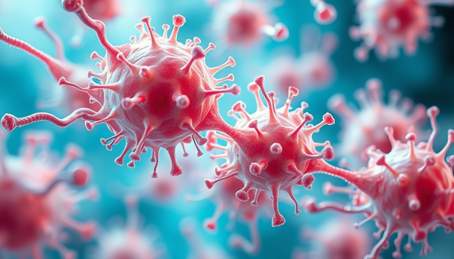 Microscopic view of E. coli bacteria with nanoplastics interaction.