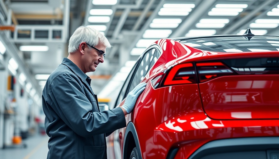 Technician inspecting red electric car on assembly line - EV sales projections 2025