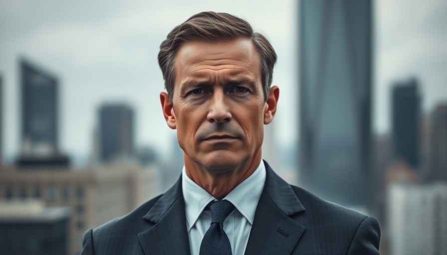 Serious man in a suit against a cityscape background, concerned expression, discussing Russiagate Files Reveal FBI Misconduct.