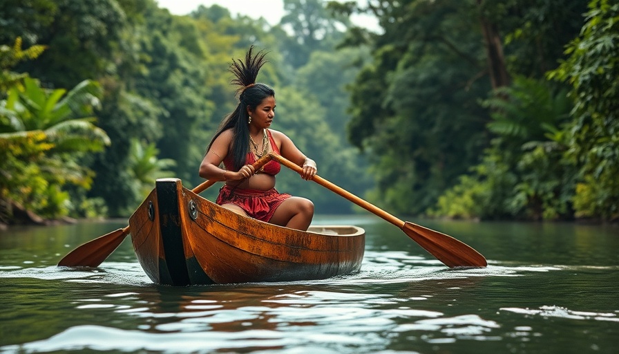 Indigenous woman paddling canoe through lush forest river, highlighting forest conservation.
