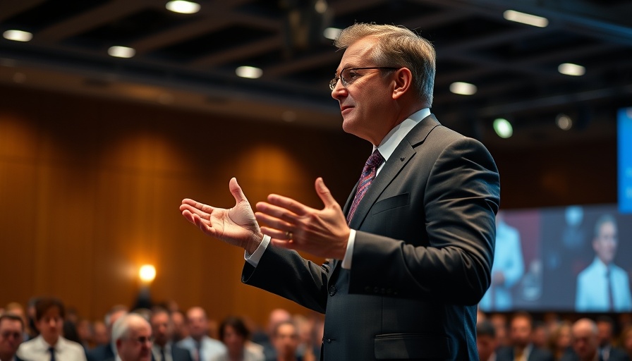 Confident executive addressing audience at indoor conference on building generational wealth.