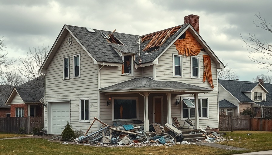 Damaged house in St. Louis from tornado impacts with visible debris.
