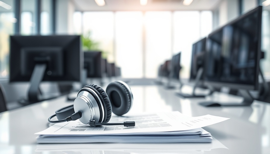 AI in healthcare office setting with headset and documents.