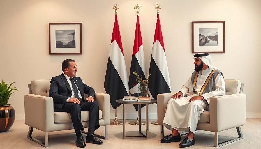 Formal meeting discussing UAE AI Innovation with two men and UAE flags.