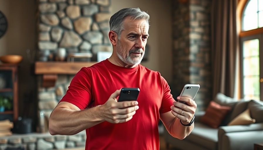 Middle-aged man using health app for exercise in living room.