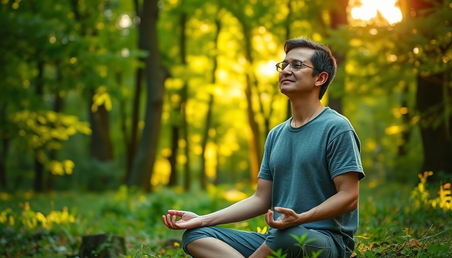 Calm person meditating in nature setting, promoting peace.