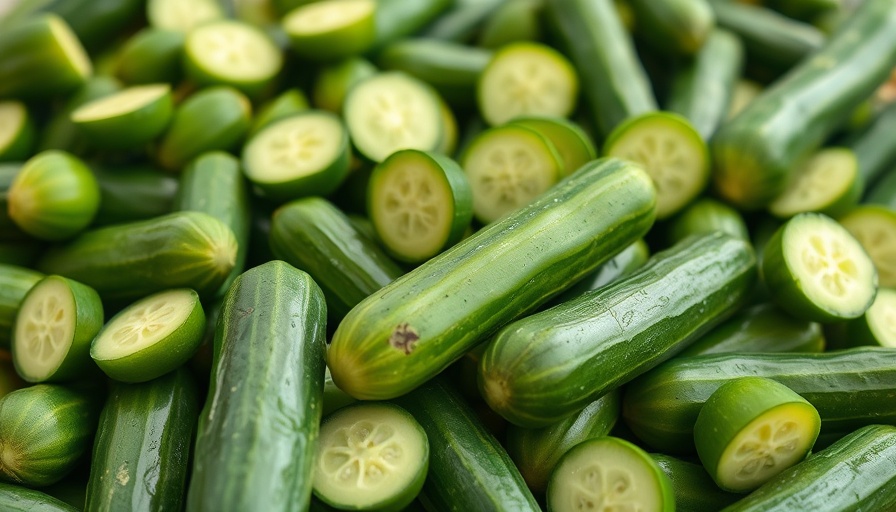 Fresh cucumbers scattered in a random pile, highlighting recall.